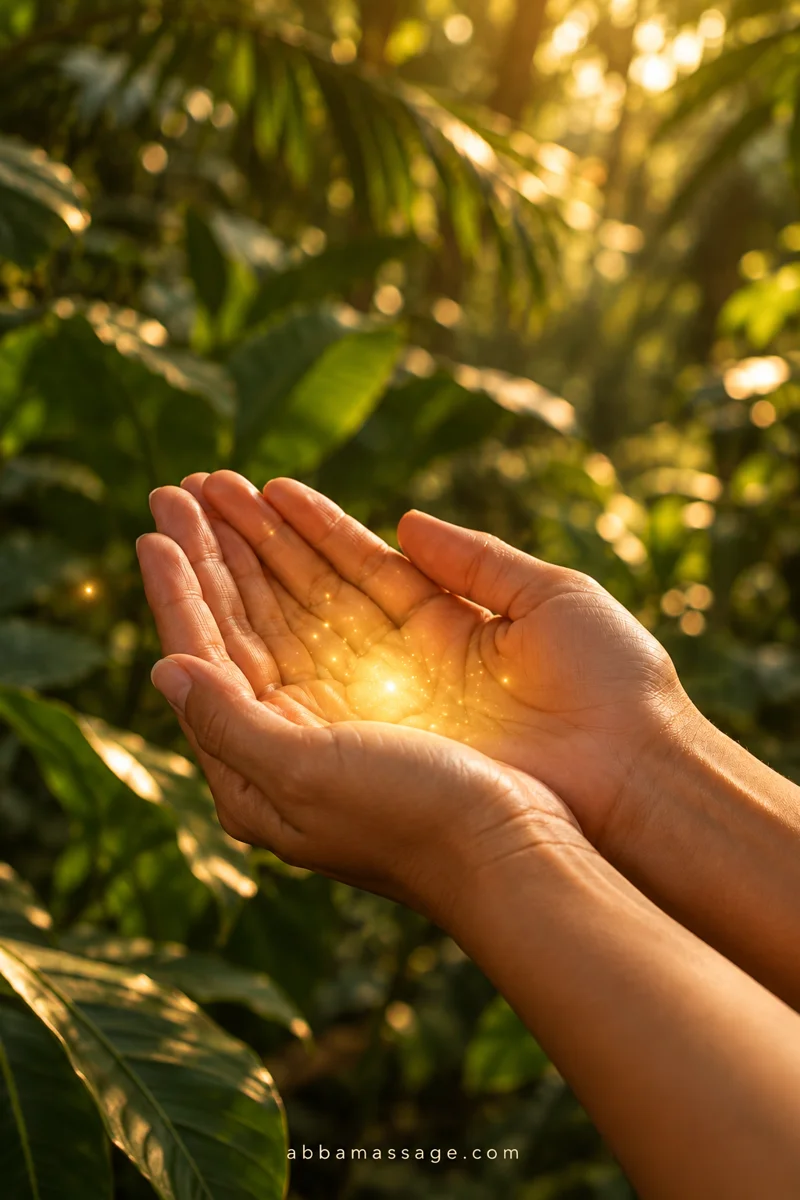 Symbolic image of hands holding golden light against a jungle background